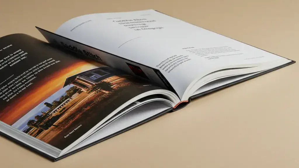 Example Photo Illustrating How A Saddle Stitch Publication Lays Relatively Flat When Open, Compared To A Typical Perfect Bound Book.