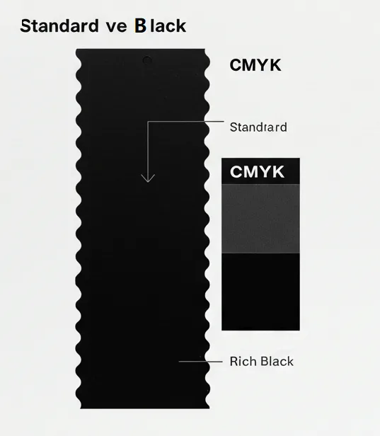 Differenza visiva tra il nero 100% K standard e un nero ricco più profondo ottenuto con una miscela CMYK.