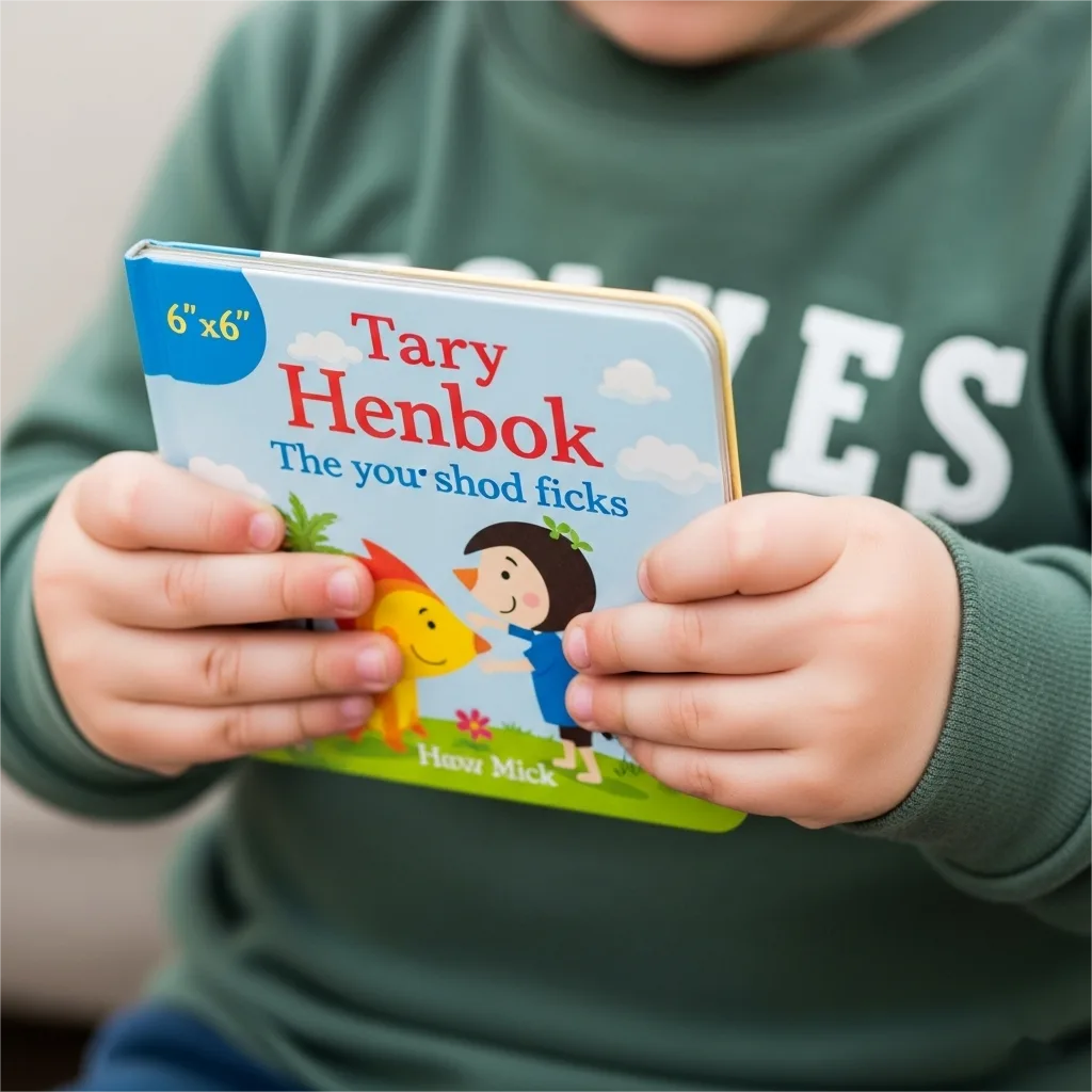 Photo d'un petit livre cartonné carré de 6 x 6 pouces pouvant être facilement tenu par les mains d'un enfant en bas âge, mettant en valeur l'illustration de la couverture.
