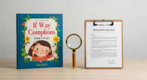 A Close Up Of A High Quality Children's Book Being Inspected For Children's Book Printing Safety, With Compliance Documents Nearby.
