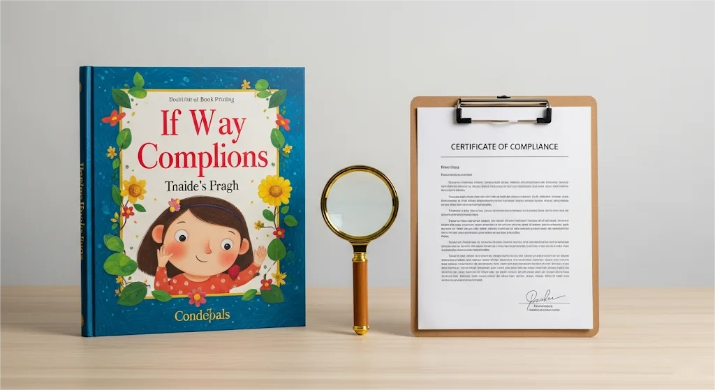 Gros plan sur un livre pour enfants de haute qualité inspecté pour la sécurité de l'impression des livres pour enfants, avec les documents de conformité à proximité.