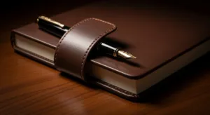 Primo piano di un occhiello per penna di alta qualità, uno degli accessori più pratici per notebook, che trattiene saldamente una penna stilografica executive.