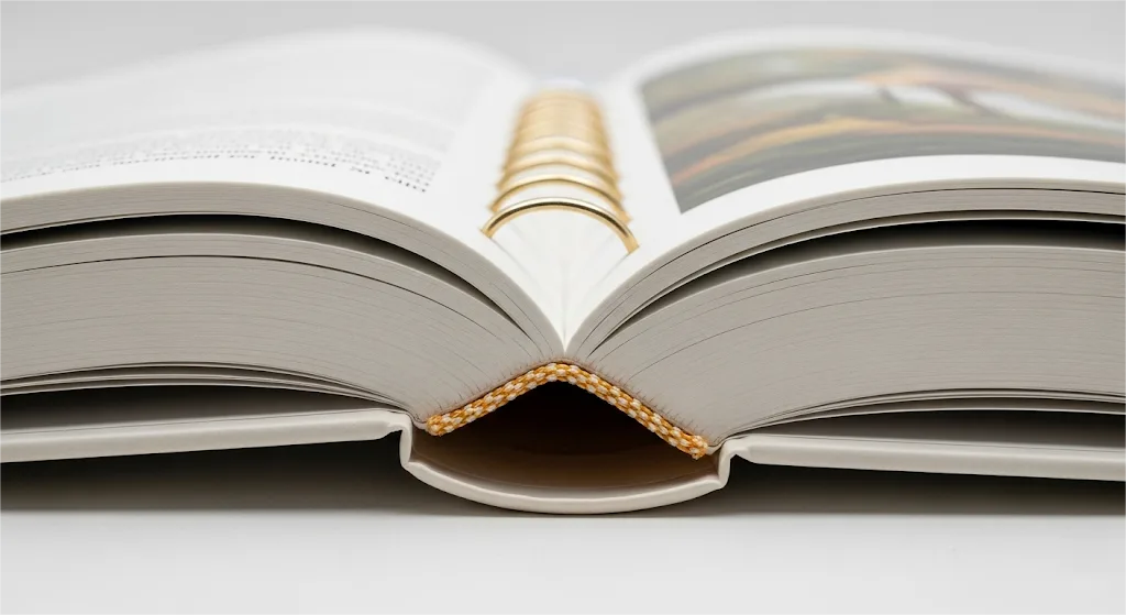 Vue rapprochée d'un dos cousu Smyth, mettant en valeur la couture au fil qui permet au livre de se poser à plat - une marque de fabrique d'une reliure de haute qualité et durable.