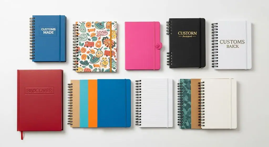 Una foto plana que muestra varios cuadernos personalizados uno al lado del otro, mostrando claramente las opciones de encuadernación en tapa dura, tapa blanda y espiral.