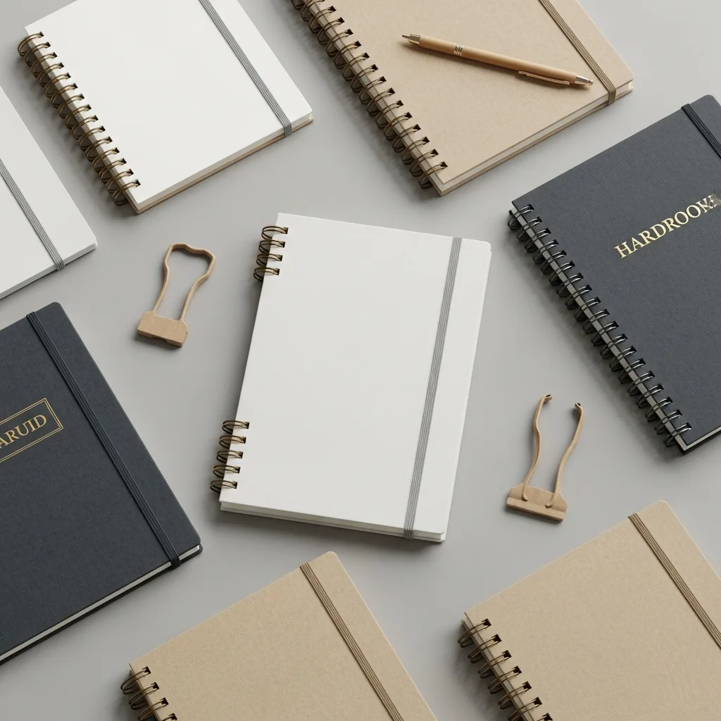 A Flat Lay Photo Showcasing A Collection Of Different Custom Notebooks, Each With A Distinct Binding Type (e.g., Spiral, Hardcover, Perfect Bound)