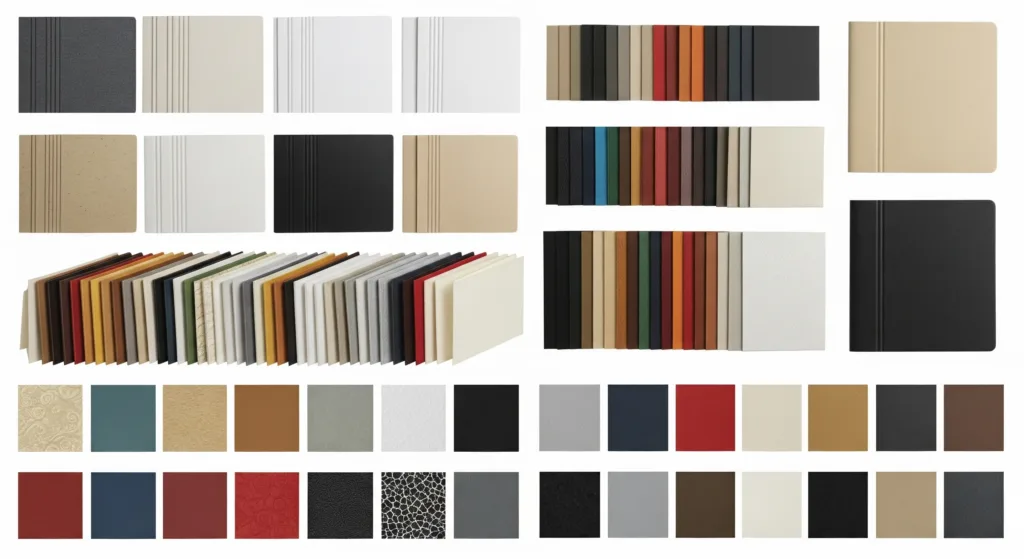 Muestrario de materiales para un proyecto de impresión de cuadernos personalizados, con diversas muestras de papel, polipiel y acabados.