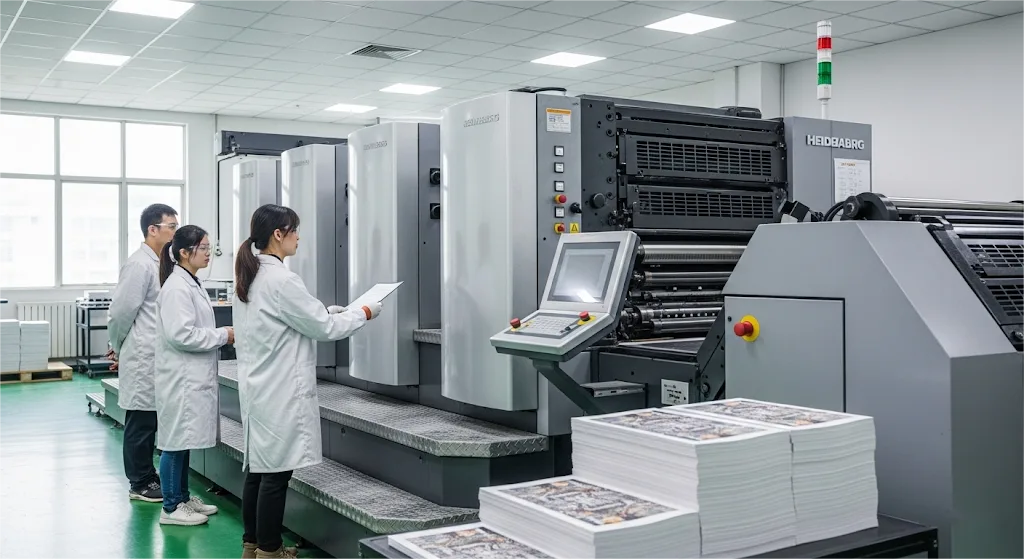 Una moderna macchina da stampa offset Heidelberg che opera in un ambiente industriale pulito,