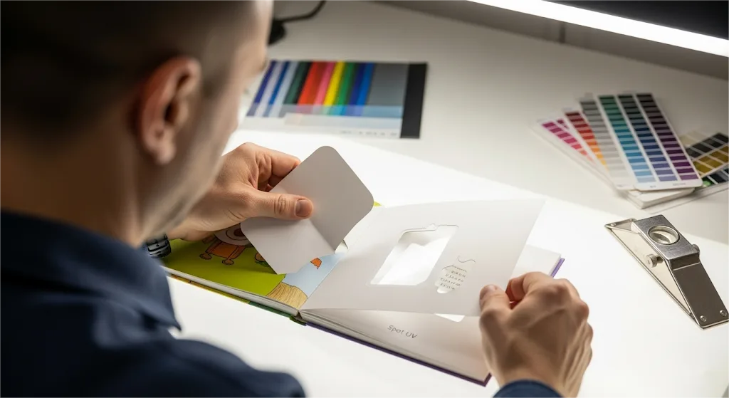 Un expert en production inspecte soigneusement l'échantillon structurel blanc d'un livre interactif pour enfants et vérifie la qualité de ses finitions spéciales.
