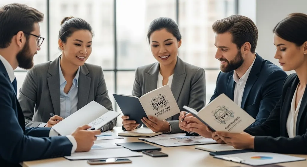 Un escenario profesional para reuniones de negocios con asistentes que utilizan cuadernos de marca de alta calidad