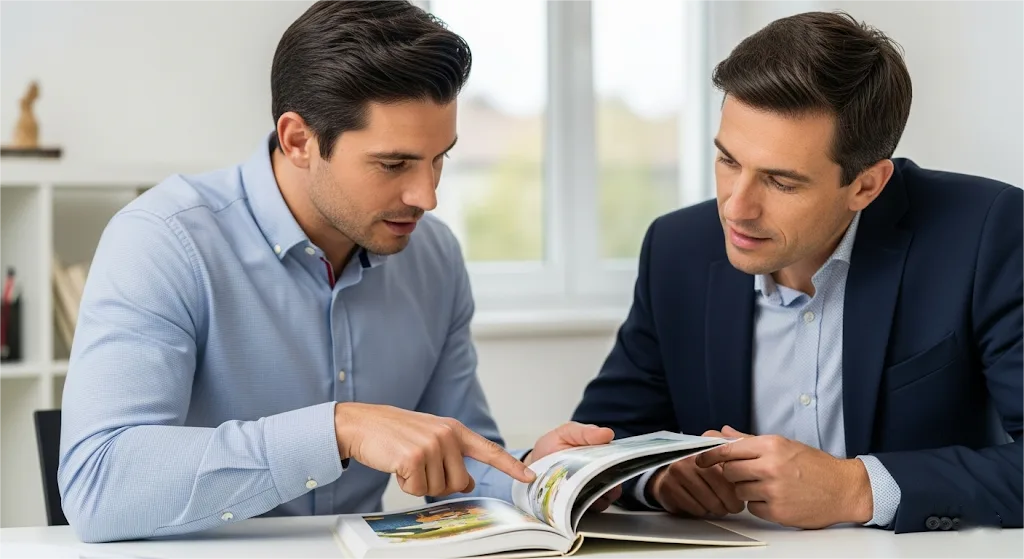 Un chef de projet et un client discutent des détails de l'épreuve d'un livre pour enfants, une étape clé pour garantir la qualité et la sécurité de l'impression des livres pour enfants.
