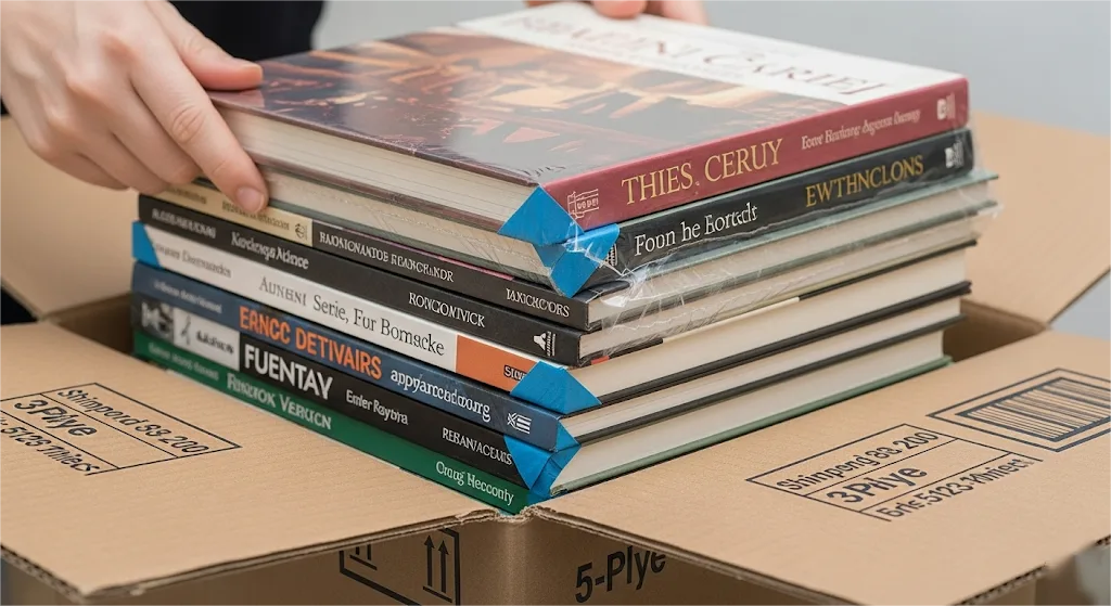 Una pila di libri impacchettati con protezioni angolari viene inserita in modo sicuro in un robusto contenitore,
