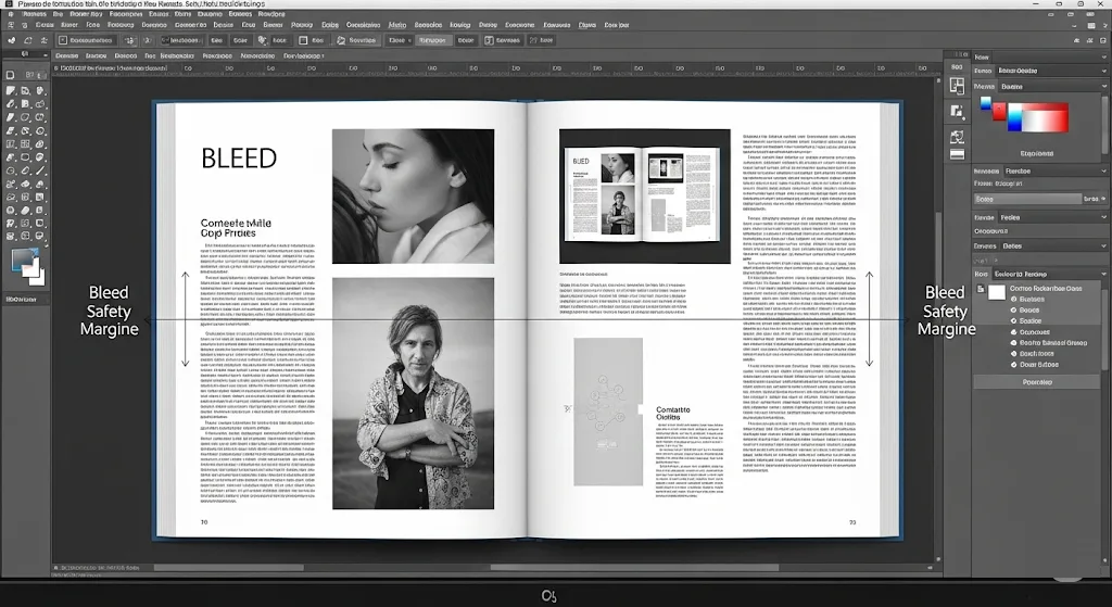 Un layout di libro di Adobe Indesign visualizzato sullo schermo di un computer, con le guide al vivo e i margini di sicurezza chiaramente visibili