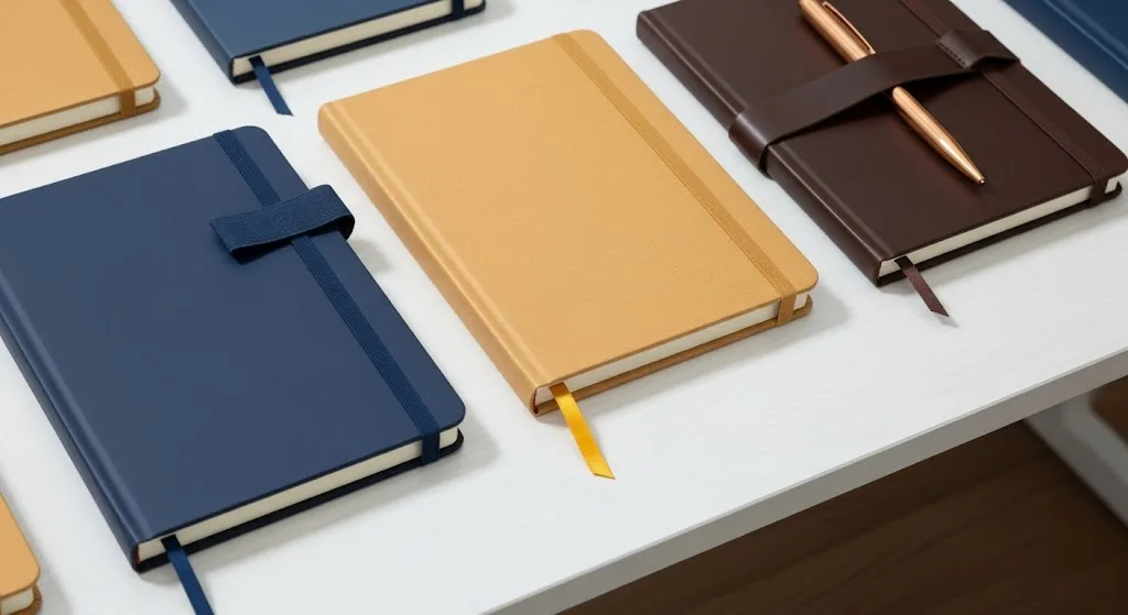 An Attractive Photo Showcasing Custom Notebooks With Various Practical Notebook Accessories, Including High Quality Elastic Bands, Ribbons, And Pen Loops.