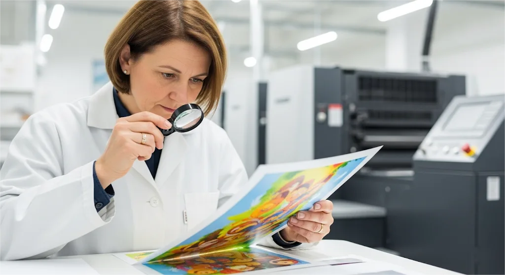 Un imprimeur expert effectue un contrôle de presse, une étape cruciale dans la gestion professionnelle des couleurs afin de garantir des résultats éclatants et précis pour les livres pour enfants.
