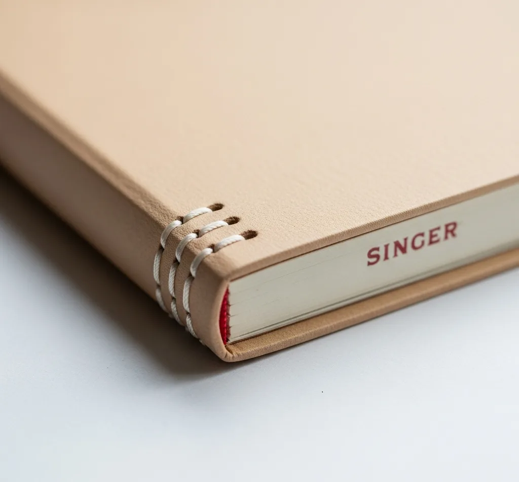 Artistic Photo Of A Singer Sewn Notebook, Focusing On The Unique, Visible Stitching Along The Exterior Spine