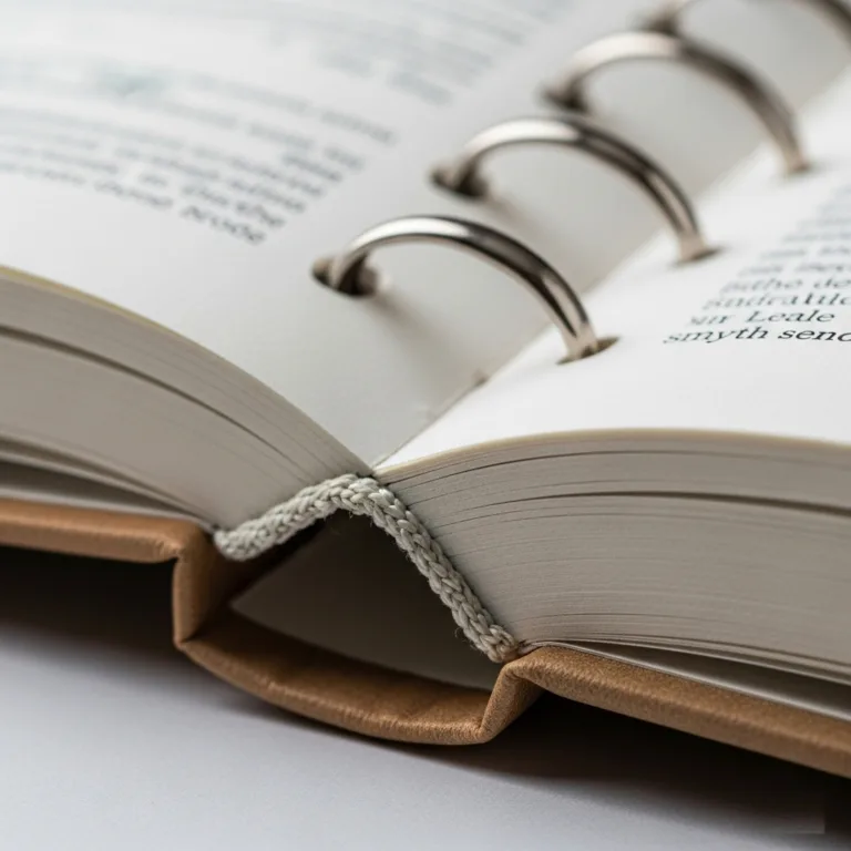 لقطة ماكرو عن قرب لدفتر دفاتر دفاتر مخيطة مفتوحة، تكشف عن خيوط الخياطة المرئية في وسط التوقيع