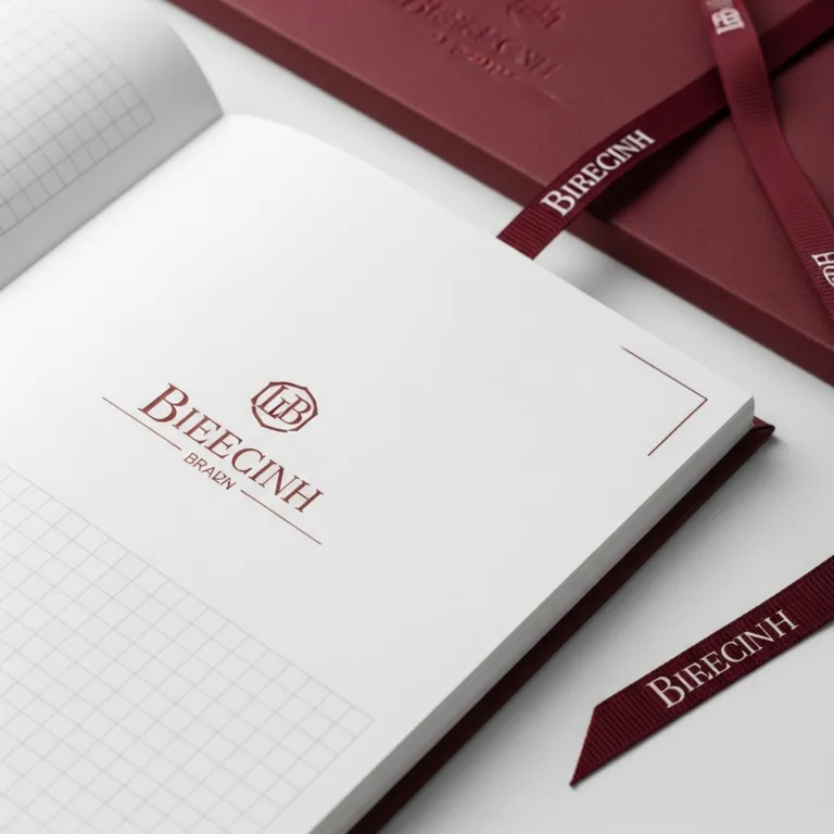 Primer plano centrado en los elementos de marca detallados de los cuadernos personalizados a granel, una hoja de guarda impresa a medida, un diseño exclusivo de la página interior y un elegante marcador de cinta con la marca.