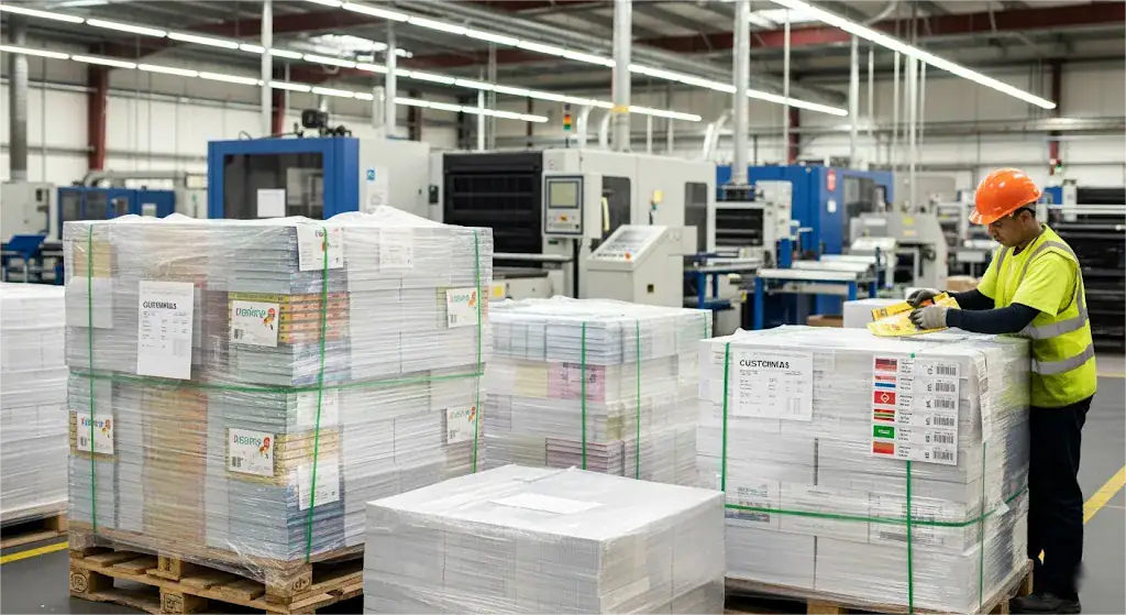 Palettes de livres pour enfants fraîchement imprimés préparées pour l'expédition internationale, illustrant la logistique impliquée dans l'impression de livres sur mesure.