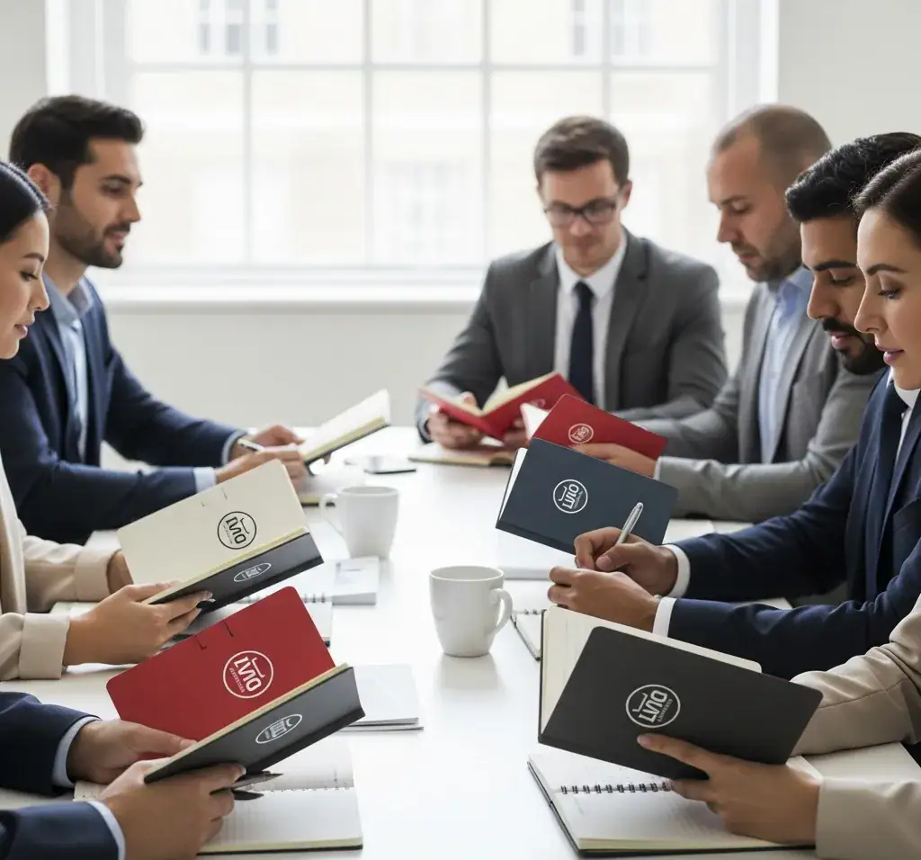 Professionisti in riunione che utilizzano attivamente eleganti taccuini personalizzati di massa con il logo aziendale