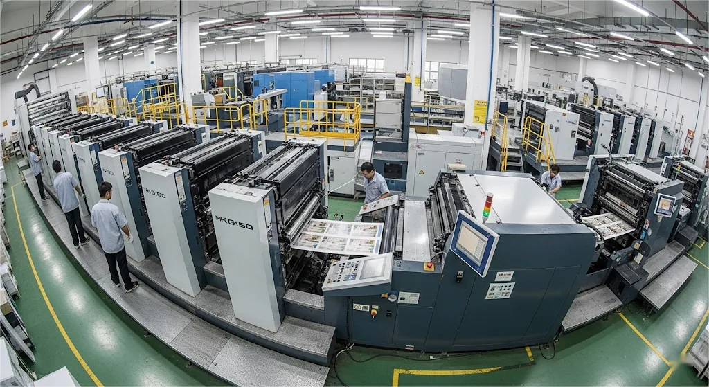 Eine saubere, moderne Offsetdruckmaschine in Betrieb, die die Technologie demonstriert