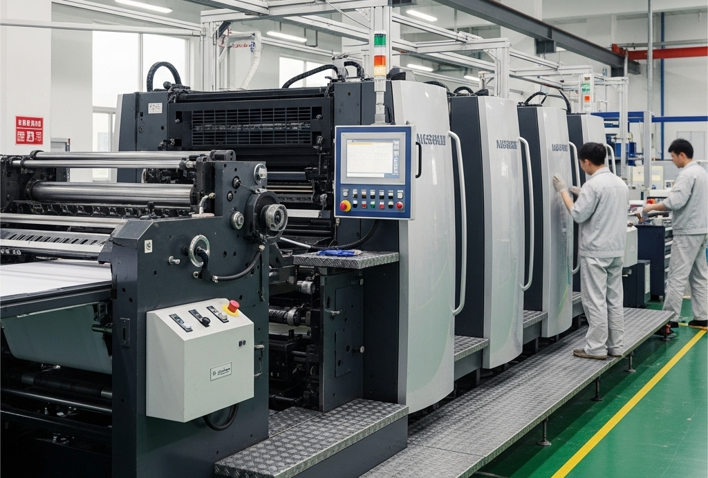 Une machine d'impression offset moderne de qualité industrielle, issue d'une usine chinoise propre et efficace.