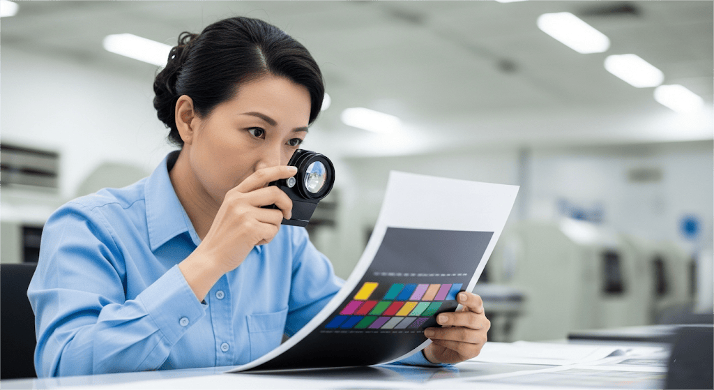 Un profesional de la edición inspecciona cuidadosamente una prueba de impresión con una lupa de color