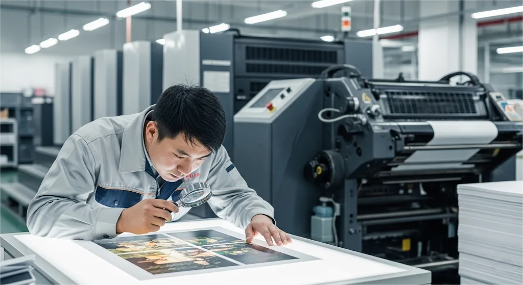 Un técnico de Mainland Printing realiza un minucioso control de calidad de una hoja impresa en una moderna imprenta china que muestra el trabajo artesanal de la empresa. Un técnico de imprenta de China continental realiza un detallado control de calidad de una hoja impresa en una moderna imprenta china, mostrando la artesanía de la empresa.