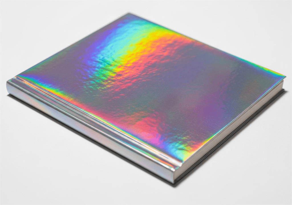 Eine Nahaufnahme eines Softcover-Buches mit holografischer Laminierung, das einen leuchtenden regenbogenfarbenen Glanz aufweist. 副本 Eine Nahaufnahme eines Softcover-Buches mit holografischer Laminierung, die einen leuchtenden, regenbogenfarbenen Glanz zeigt.