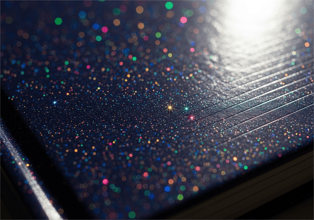 Eine Makroaufnahme eines Softcover-Bucheinbands mit Glitzerkaschierung zeigt schimmernde Glitzerpartikel 副本 Mit Glitzerkaschierung, die schimmernde Glitzerpartikel zeigt