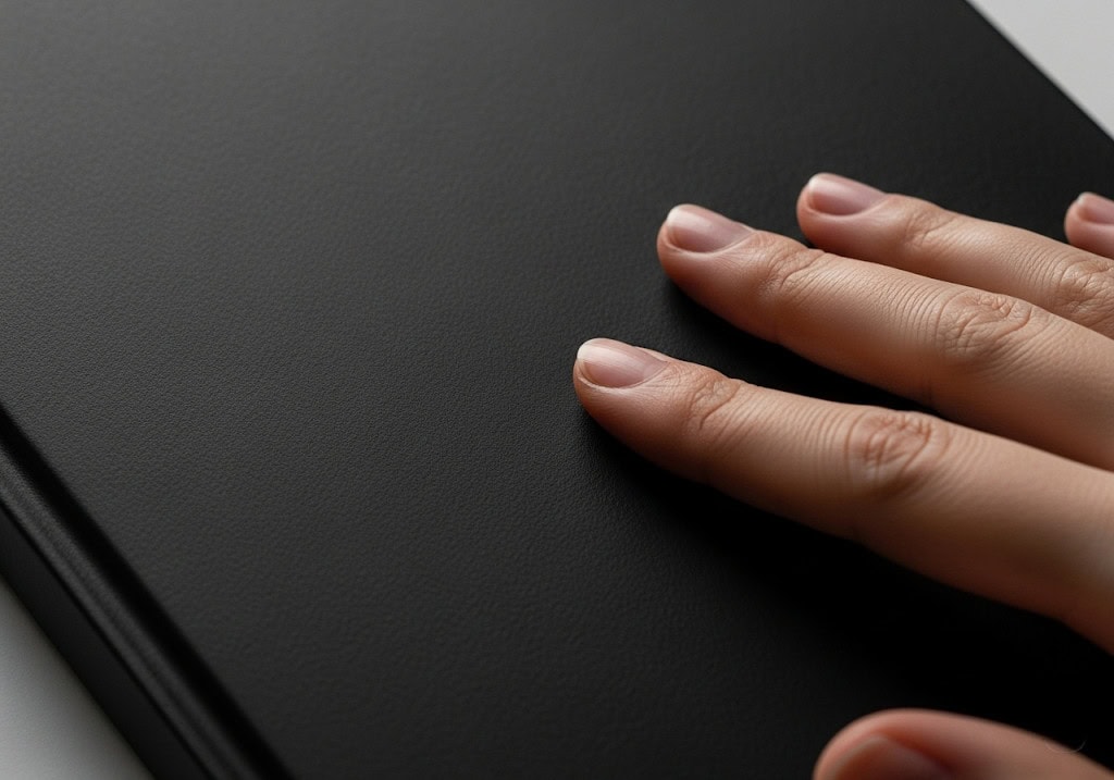Eine Person berührt mit den Fingern ein dunkles, mattes Softcover-Buch mit Anti-Fingerabdruck, auf dem keine Flecken zu sehen sind 副本 Eine Person's Finger berühren ein dunkles, Anti-Fingerprint mattes Softcover-Buch ohne sichtbare Flecken