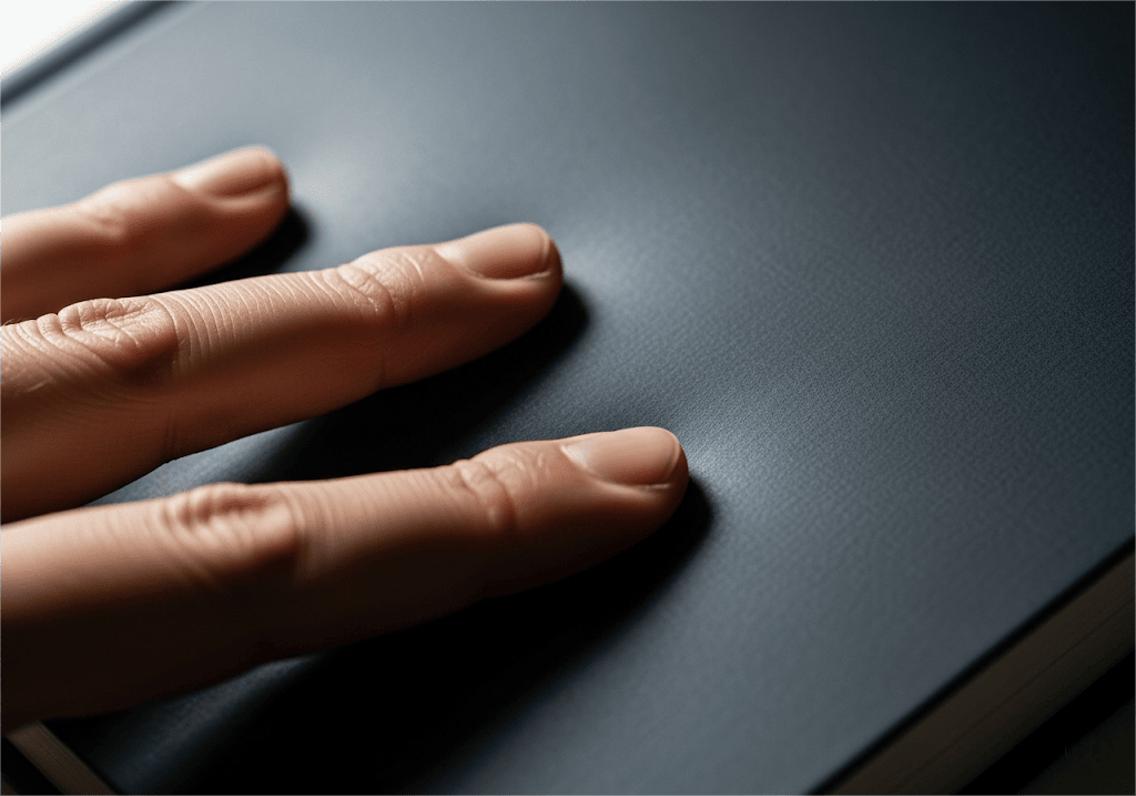 Die Fingerspitzen einer Person berühren sanft die samtig weiche Laminierung eines Softcover-Bucheinbandes Eine Person's Fingerspitzen sanft berühren die samtig, Soft-Touch-Lamination auf einem Softcover-Buch's Cover.