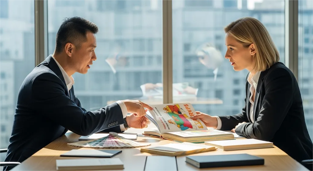 A Printing Project Manager And A Publisher Discussing Board Book Printing Safety And Material Certifications In A Professional Meeting