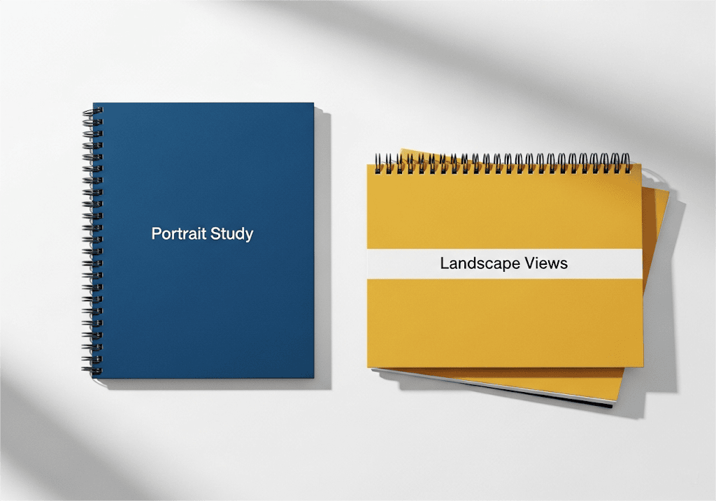 A Side By Side Comparison Of Two Spiral Bound Books, One In Portrait (vertical) Orientation And One In Landscape (horizontal) Orientation, Showing The Difference In Binding And Layout Direction.