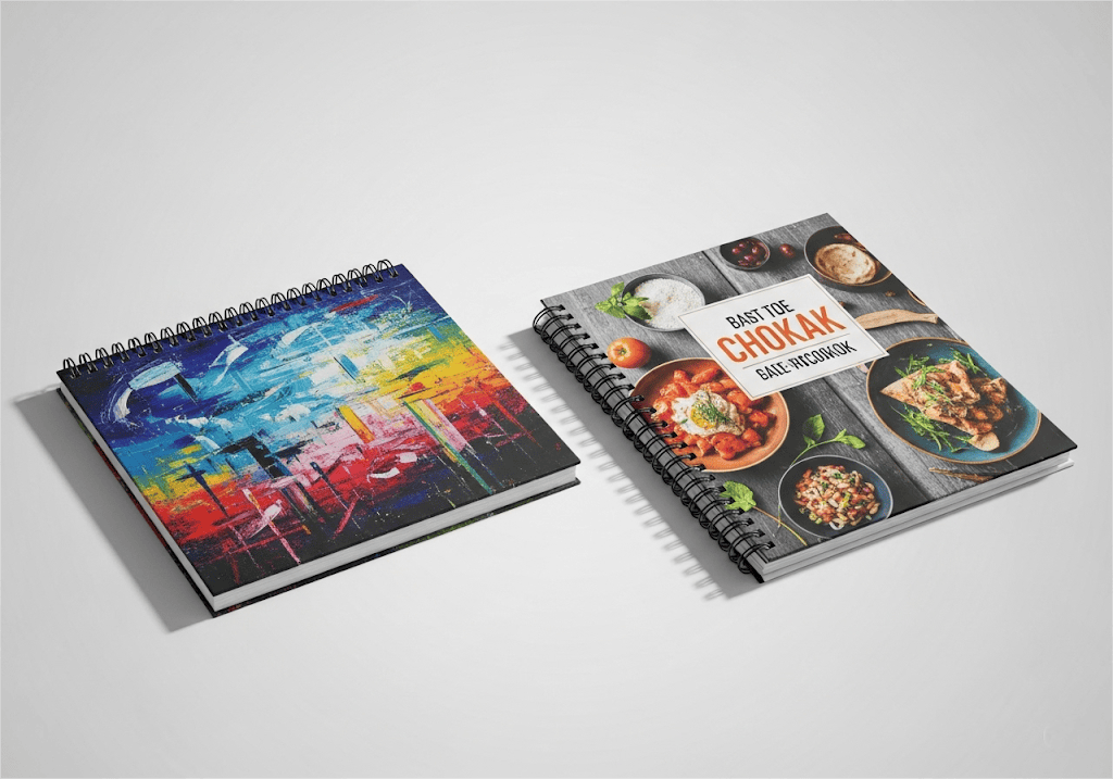 A Square Shaped Art Book And A Landscape Oriented Cookbook, Demonstrating The Creative Possibilities Of Custom Sizes And Orientations For Spiral Bound Books.