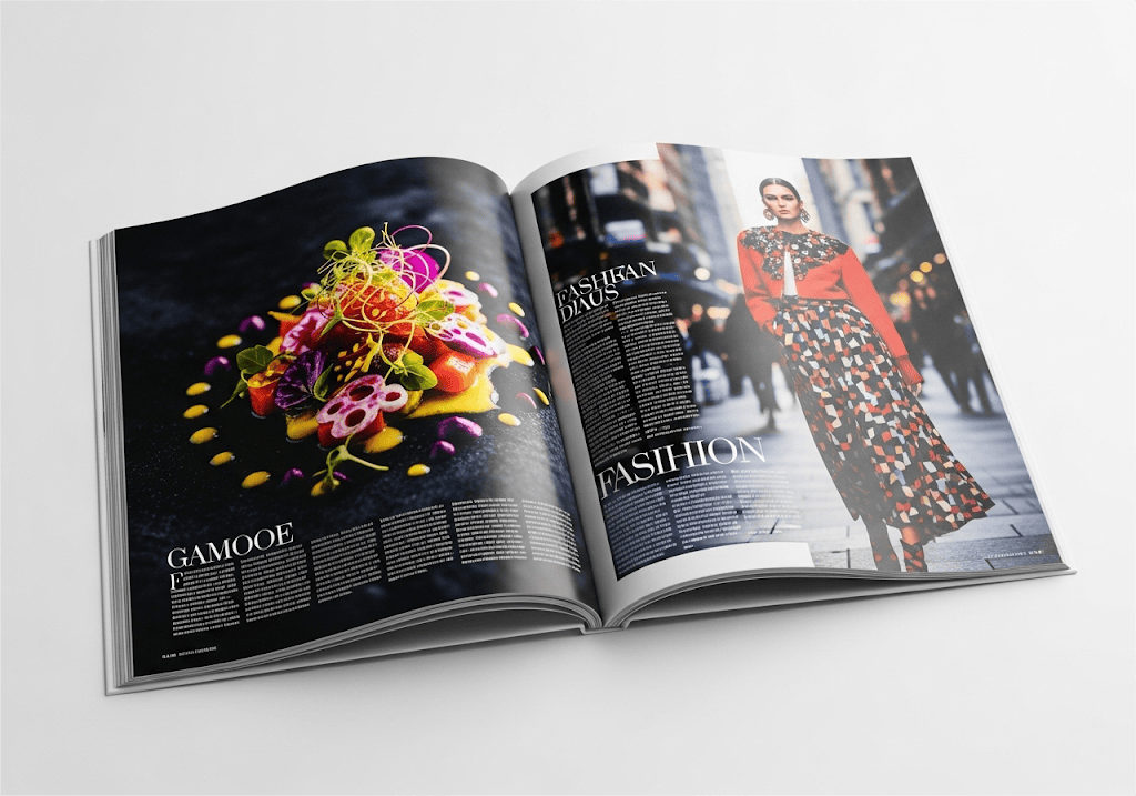 Ein aufgeschlagener Softcover-Katalog oder eine Zeitschrift mit lebendigen, scharfen Bildern auf glänzend gestrichenem Papier, das tiefe Schwarztöne und brillante Farben mit einem leichten Glanz zeigt, der die hochwertige Verarbeitung unterstreicht Ein offener Softcover-Katalog oder ein Magazin mit lebendigen, scharfen Bildern auf glänzend gestrichenem Papier, das tiefe Schwarztöne und brillante Farben mit leichtem Glanz zeigt, was die hochwertige Verarbeitung unterstreicht.