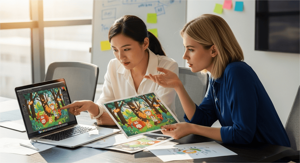 Designer und Projektmanager diskutieren über Farbmanagement und vergleichen einen Rgb-Entwurf mit einem Cmyk-Druckabzug für ein Kinderbuch.