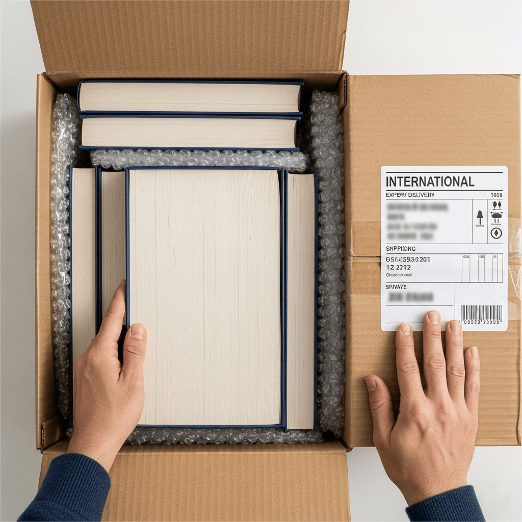 Packed for the World Boxes of professionally printed books, packed and ready for international shipping from China.