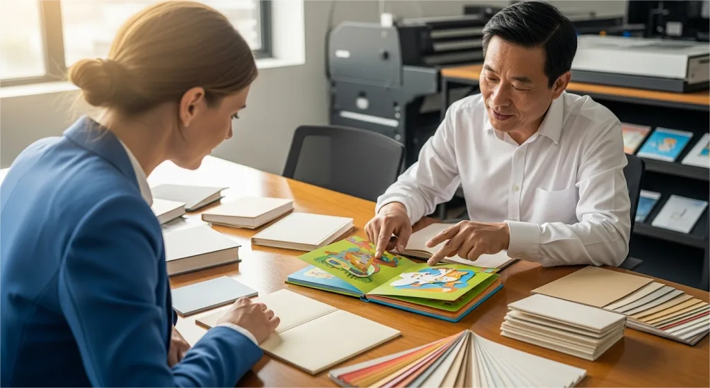 Un client et un chef de projet inspectent ensemble la qualité d'un livre interactif fini.