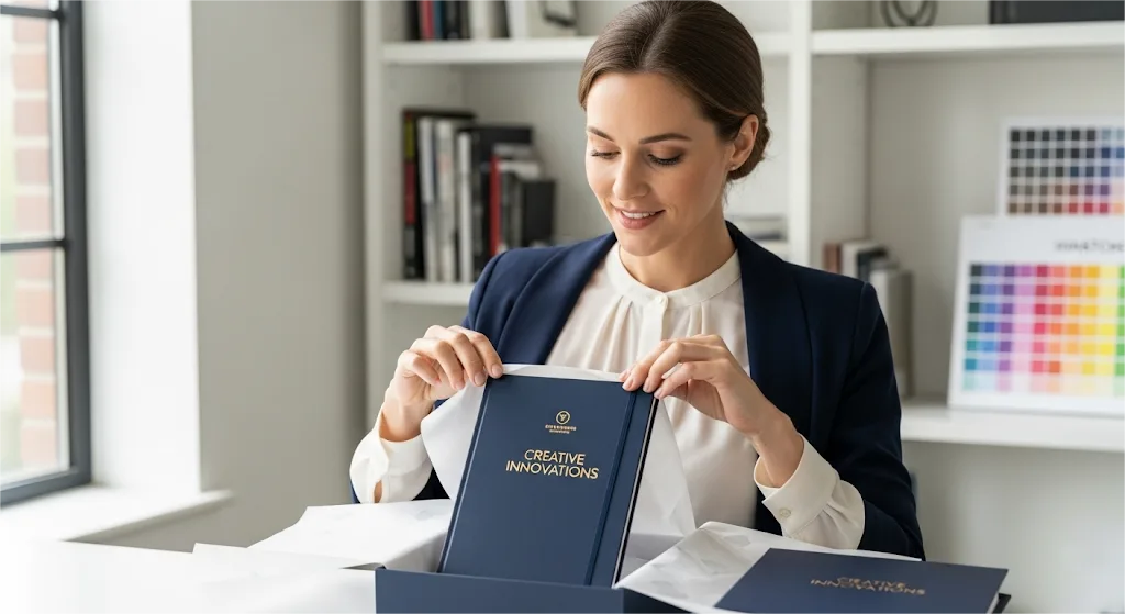 A Creative Professional Client Looking Pleased While Unboxing Her Custom Printed Notebooks In An Office.