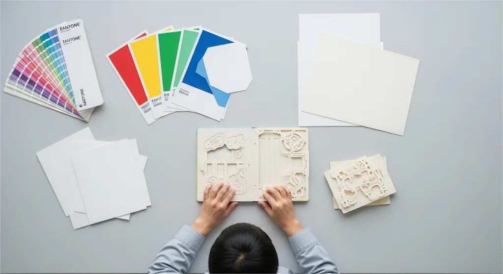Plan détaillé d'un livre interactif assemblé avec des outils d'impression et des échantillons de papier à proximité.