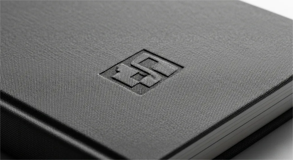 A high-quality close-up photo shows a beautifully bound hardcover book in deep gray fabric, with the focus clearly on a concave printed logo on the book cover that has a sharp outline and a fine texture.