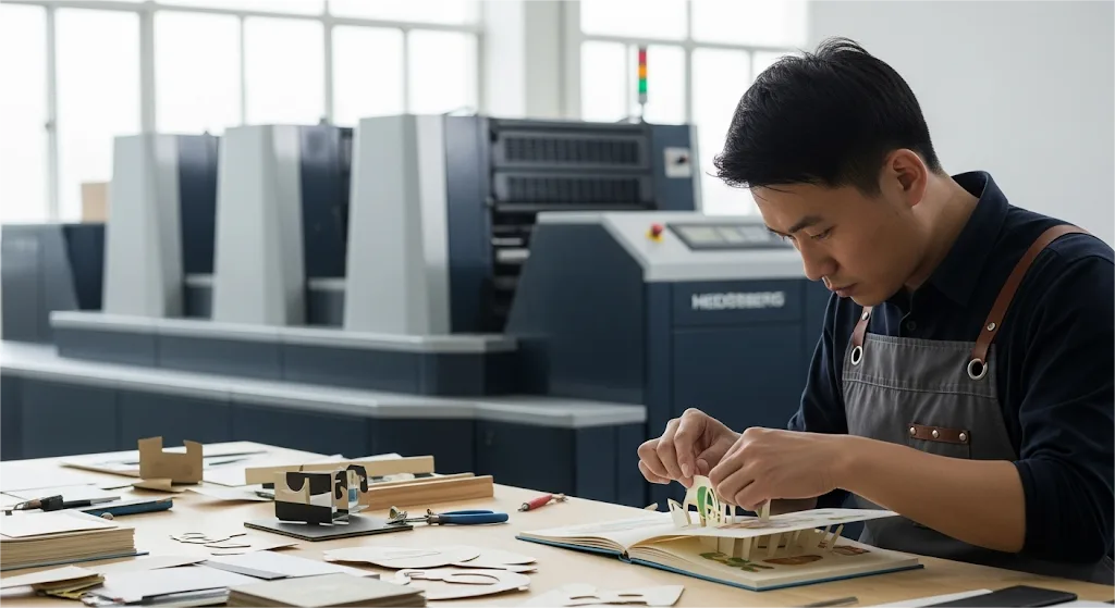 Un artisan imprimeur assemble un livre interactif dans une usine moderne.