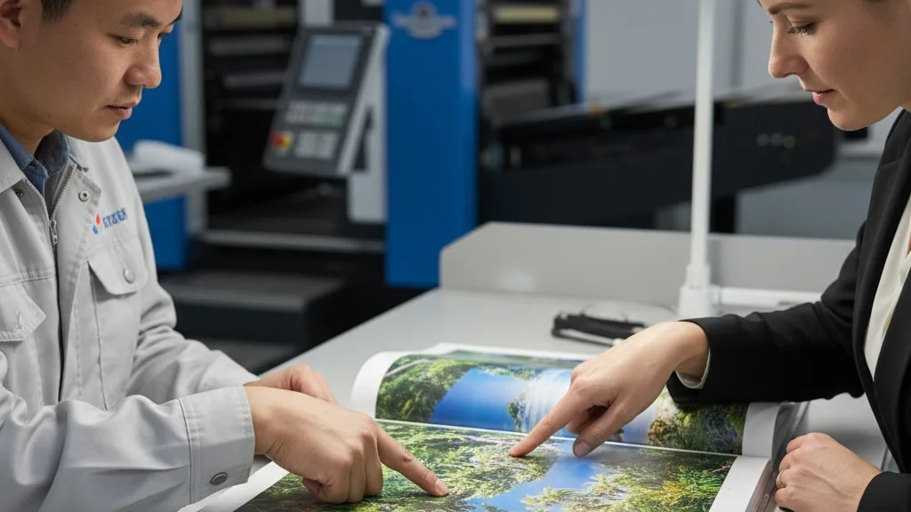 Un expert en impression et un client examinent ensemble l'épreuve couleur d'un livre sous un caisson lumineux professionnel.