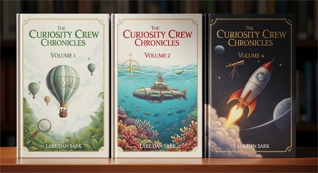 A Professional, Softly Lit Photo Of Three Books From The Curiosity Crew Chronicles Series—volumes 1, 2, And 4—standing Side By Side On A Shelf.