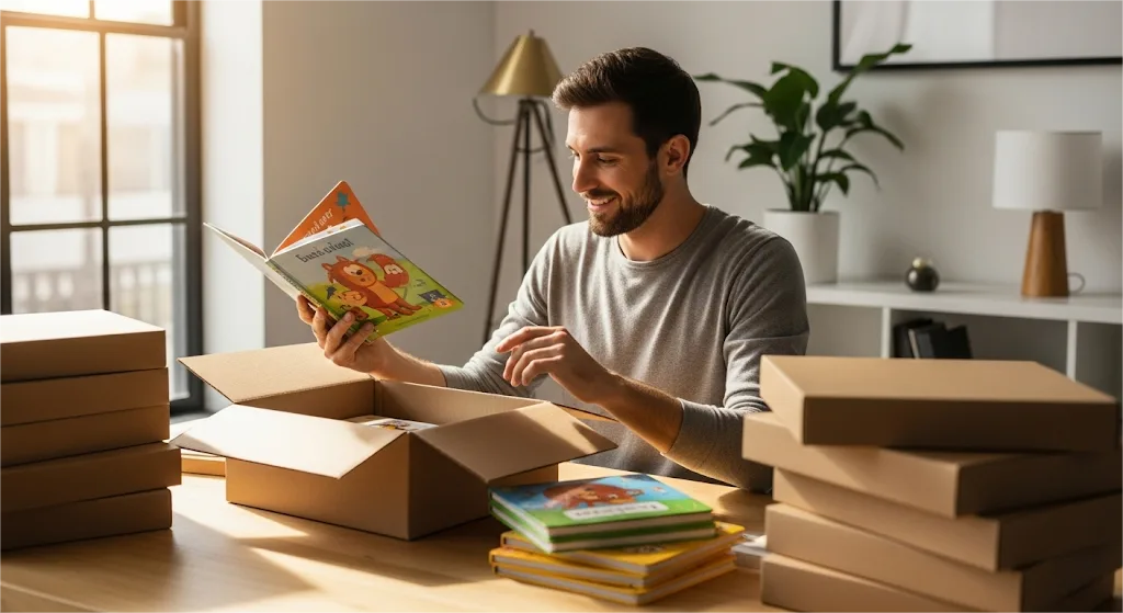 Un orgulloso autor independiente examina su libro infantil recién sacado de la caja en una oficina moderna e iluminada por el sol, rodeado de pilas de libros y cajas.