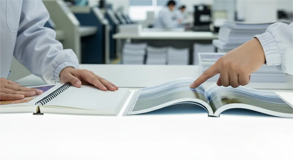 Un technicien du contrôle de la qualité comparant un livre à reliure parfaite à un livre à reliure parfaite cousu à plat.