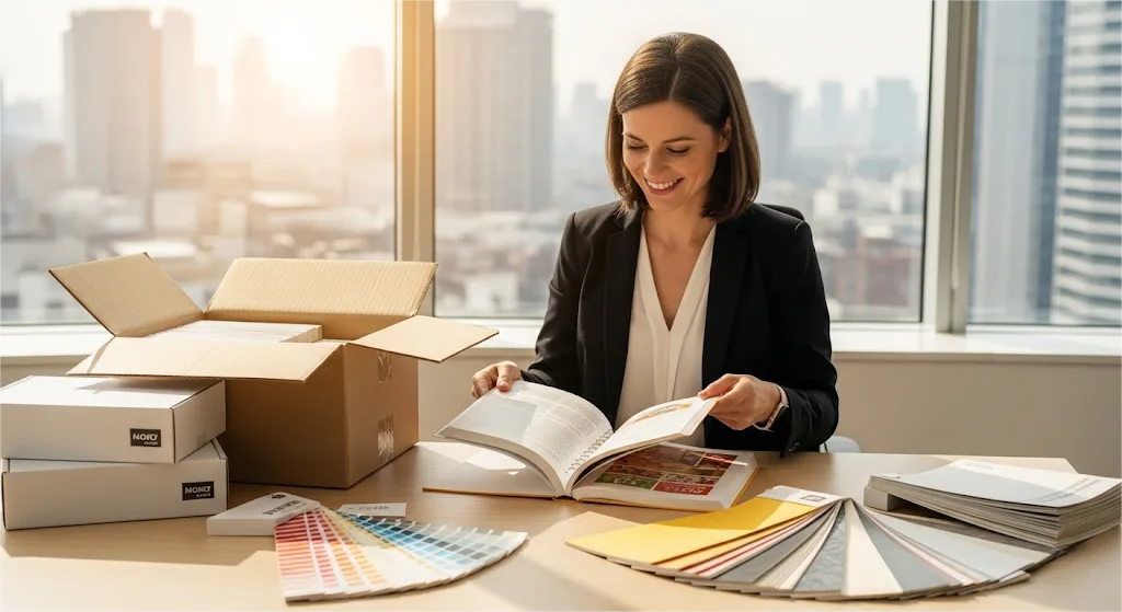 A Satisfied Client In Her Office Unboxing And Inspecting A High Quality, Lay Flat Sewn Perfect Bound Book.