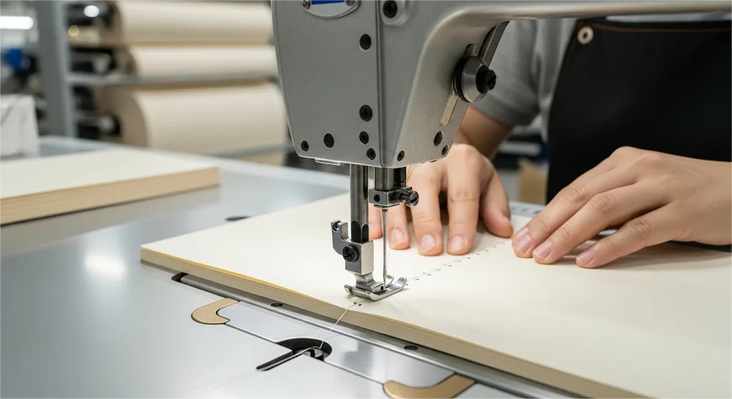 An Artisan's Hands Guiding Book Signatures Through An Industrial Sewing Machine In A Modern Factory.