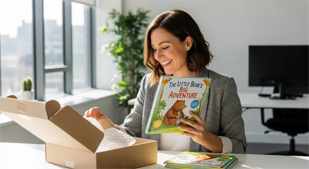 Une auteure se réjouit de déballer ses livres en carton nouvellement imprimés.