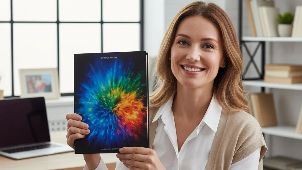 Une auteure sourit en brandissant un exemplaire parfaitement imprimé de son nouveau livre relié.